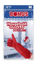 Gumikesztyű, háztartási, latex, extra hosszú, 38 cm, M méret, BONUS, piros